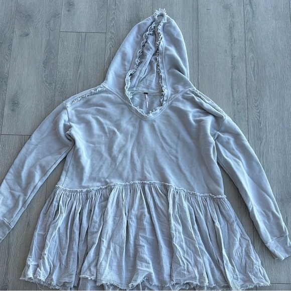 Free People Hooded Long Sleeve V-Neck Sweater - Light Blue - Large - Picture 2 of 10